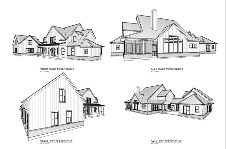 Perspective line drawings of a custom home design from four angles