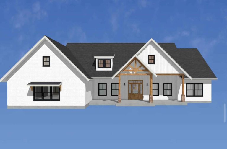 3D rendering of a white farmhouse custom home with a timber-framed entry