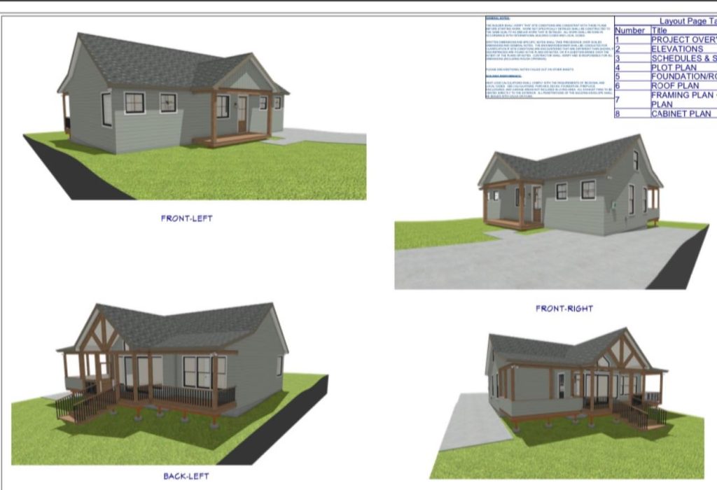 3D model views of a custom home design from front, back and sides
