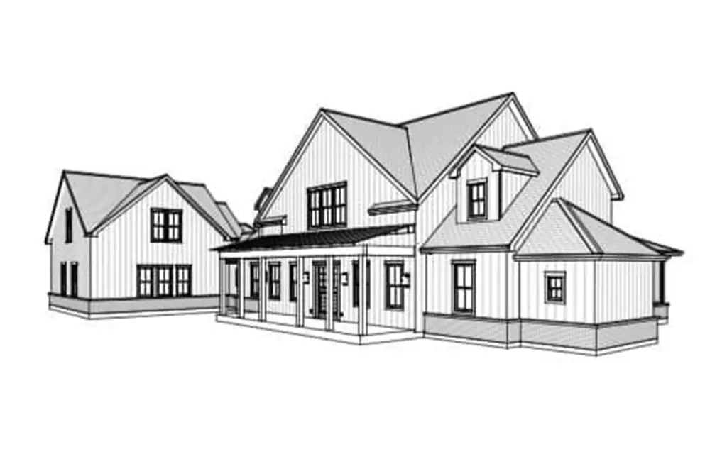 Line drawing of a custom farmhouse design by the Walden Homes team of designers